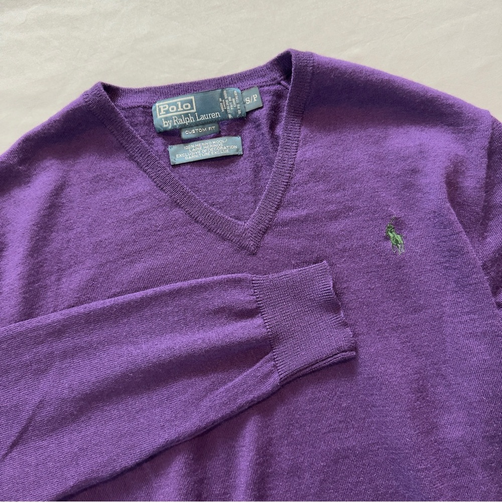 Polo Ralph Lauren Sweater Mens S/P Purple Green Pony Merino Wool V-Neck Pullover